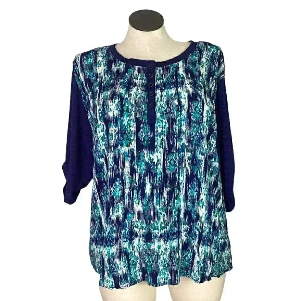 Bit & Bridle Top Women 3X Blue Geometric Cotton Blend Half Sleeve Pullover